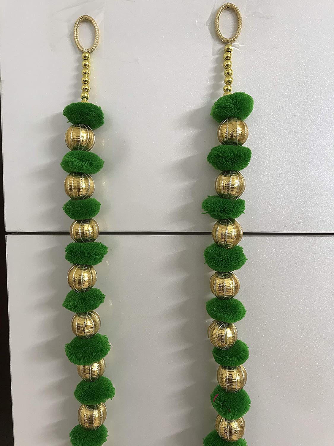 Handmade Wall Door 3.5 ft.Strings Green Hanging PomPom Chakri ToransGarland Bandhwar with Golden Bells-Decoration Item for Home Decor Diwali Festival,Navratri,Wedding One Pair (3.5 FT 2 Strings)