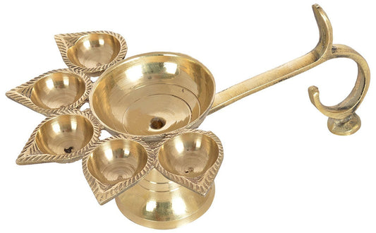 Brass Hindu Puja Camphor Burner Lamp Panch Aarti - 5 Face For Puja