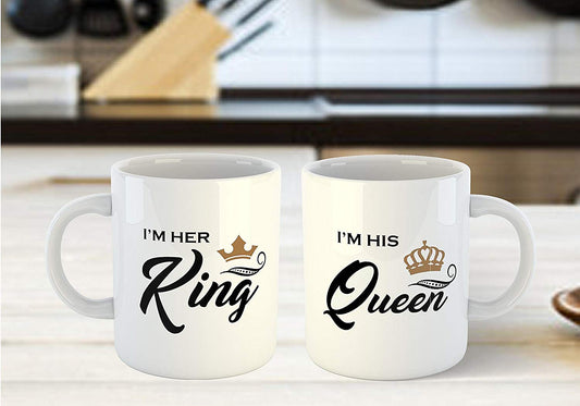 Couple Combo Coffee Mug Set with I Am Her King & I Am His Queen Printed- White- 11oz