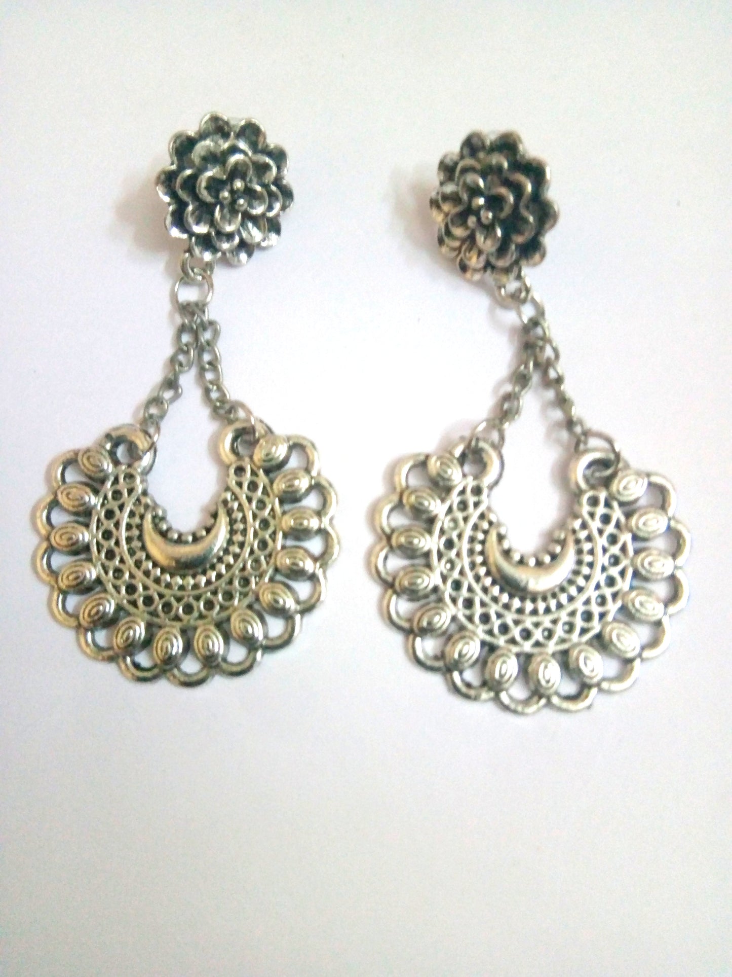 Indian Ethnic Silver Plated Flower Design Jhumka Jhumki Set