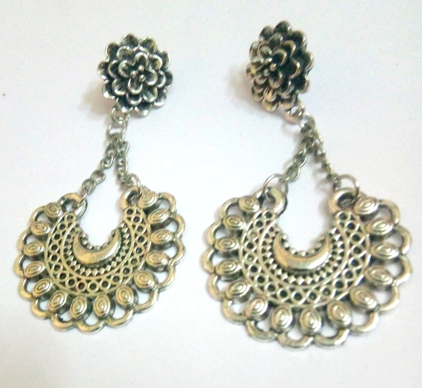 Indian Ethnic Silver Plated Flower Design Jhumka Jhumki Set