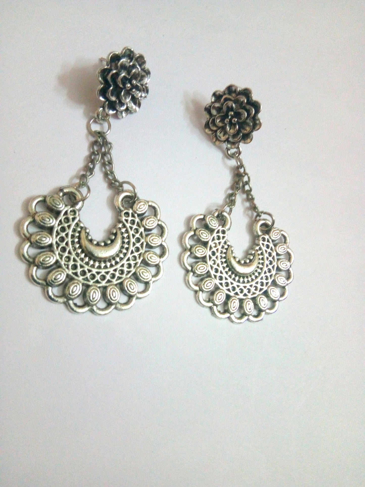 Indian Ethnic Silver Plated Flower Design Jhumka Jhumki Set