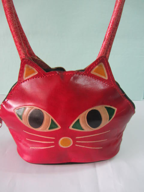 Indian Ethnic Soft Leather Red Color Cat Design Hand Bag