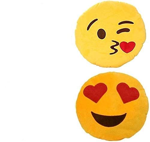 Toy Plush Heart Eyes and Flying Kiss Soft Smiley Cushion (Yellow) - Set of 2