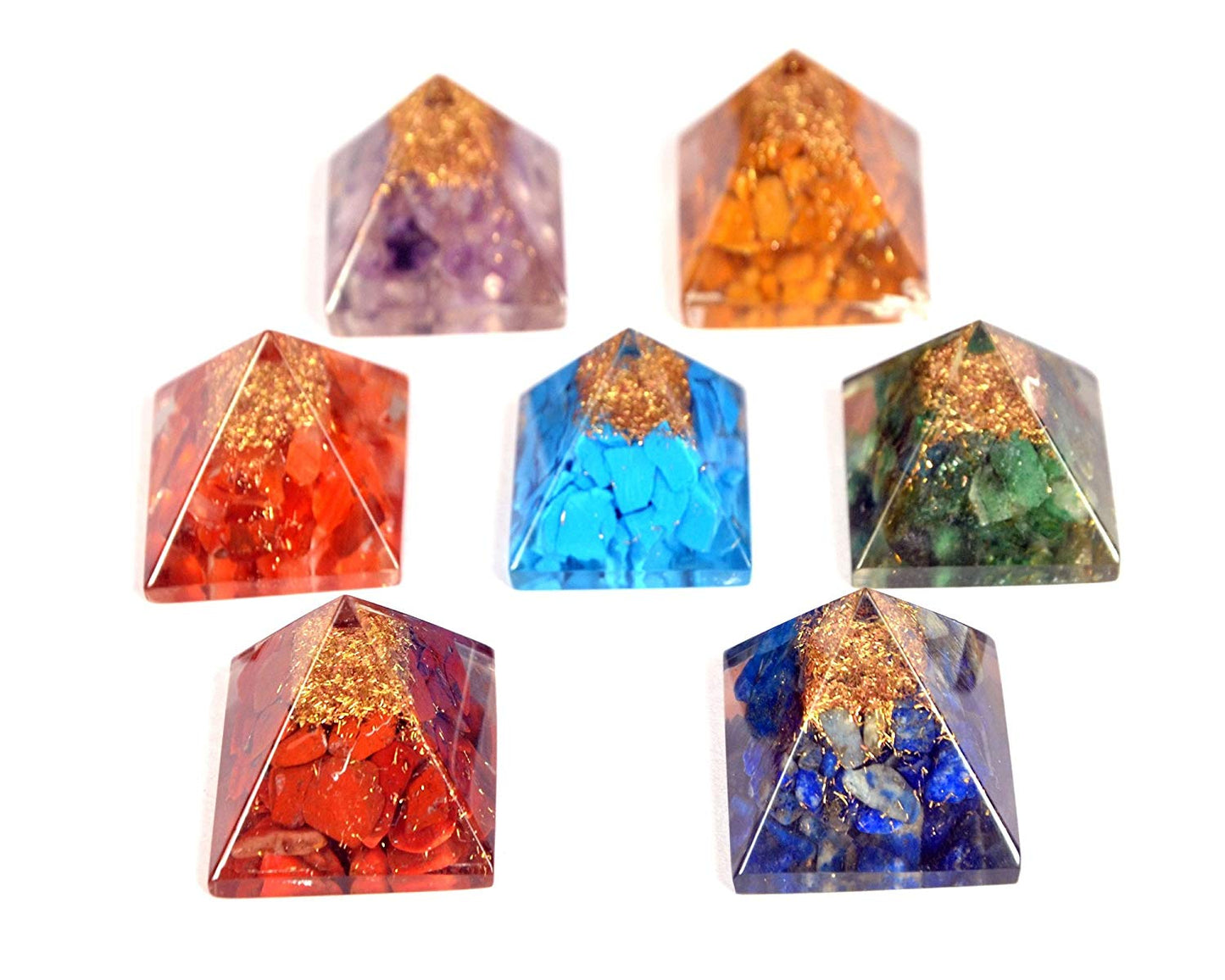 WholesaleGemShop Set of 7 Chakra Orgone Pyramid Set - 7 (Seven) Chakra Orgone Stone Pyarmid - Metaphysical - Reiki