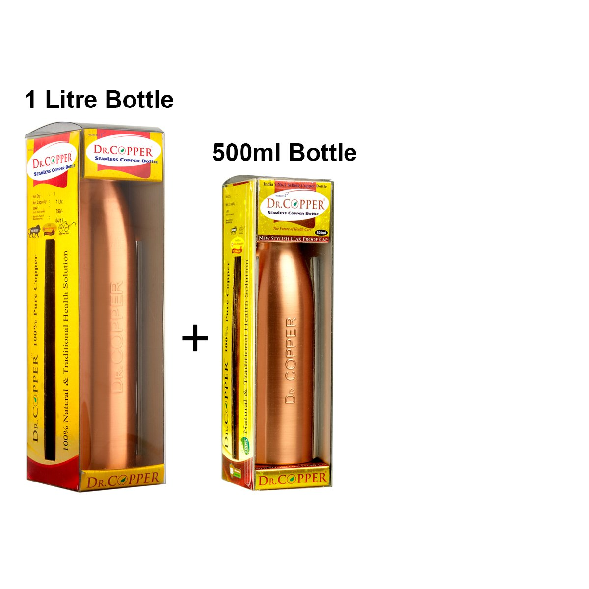 Dr. Copper Budget Pack - Copper Bottles for Water 1000 ml Bottle + Copper Water Bottle 500ml