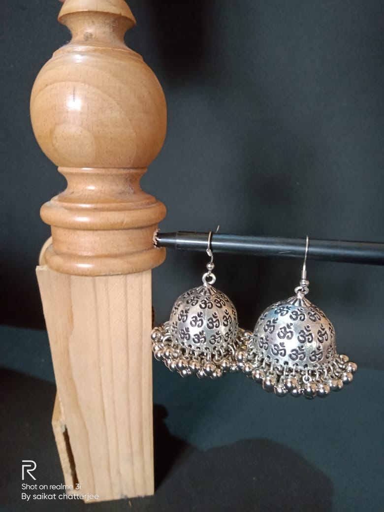 Indian Traditional OM Design Beautiful Silver Plated Jhumka Jumki Earrings Set
