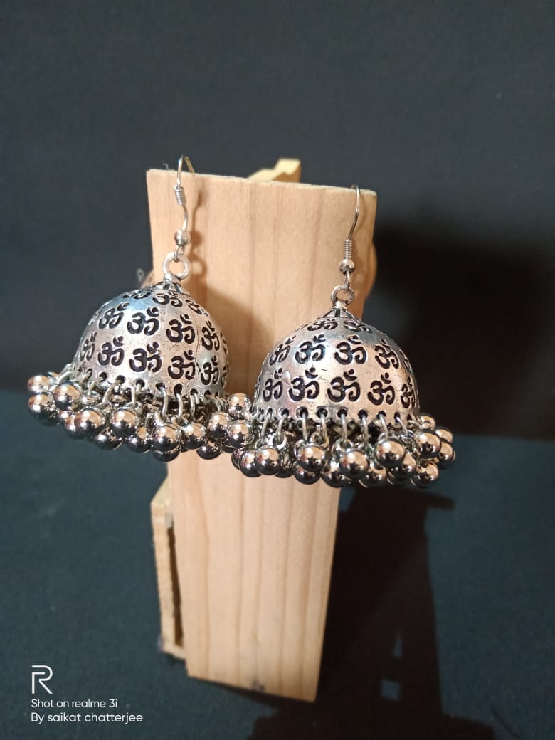 Indian Traditional OM Design Beautiful Silver Plated Jhumka Jumki Earrings Set