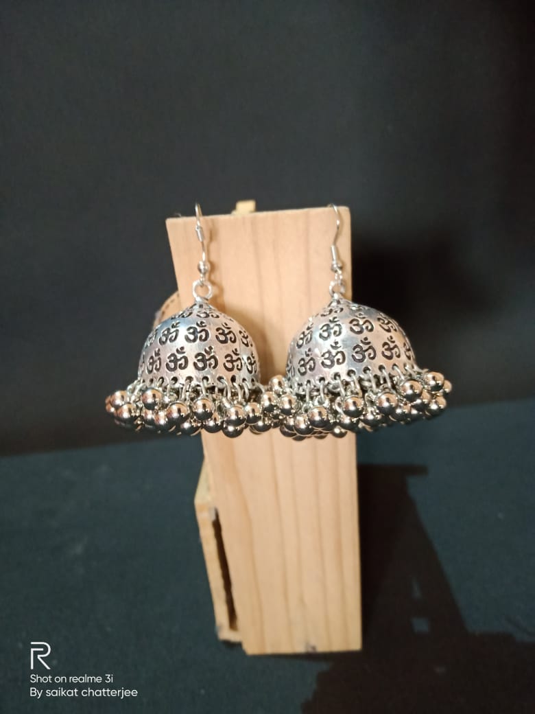 Indian Traditional OM Design Beautiful Silver Plated Jhumka Jumki Earrings Set