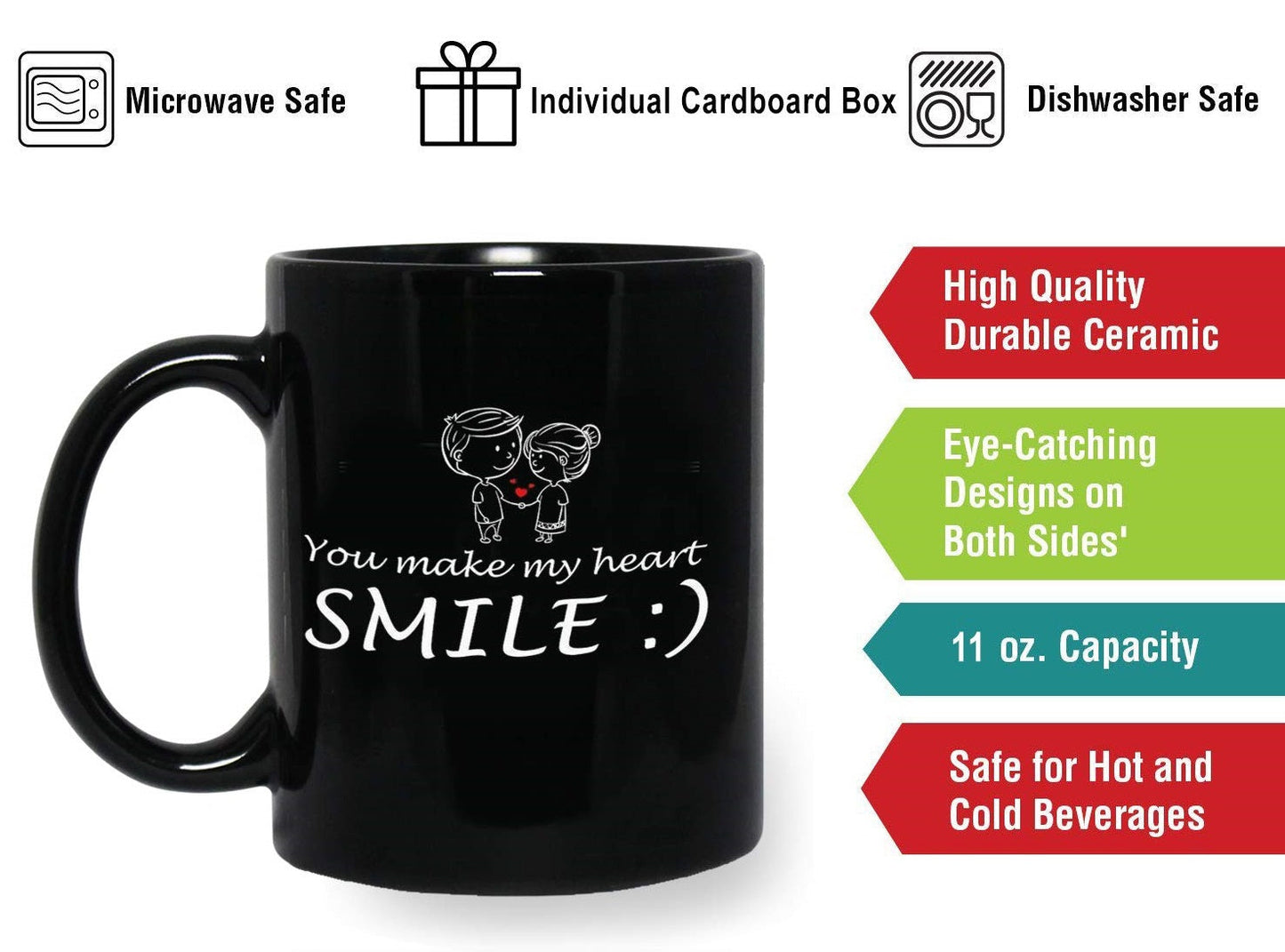 You Make My Heart Smile Ceramic Mug Inspirational Cup Novelty Coffee Mug Black 11oz