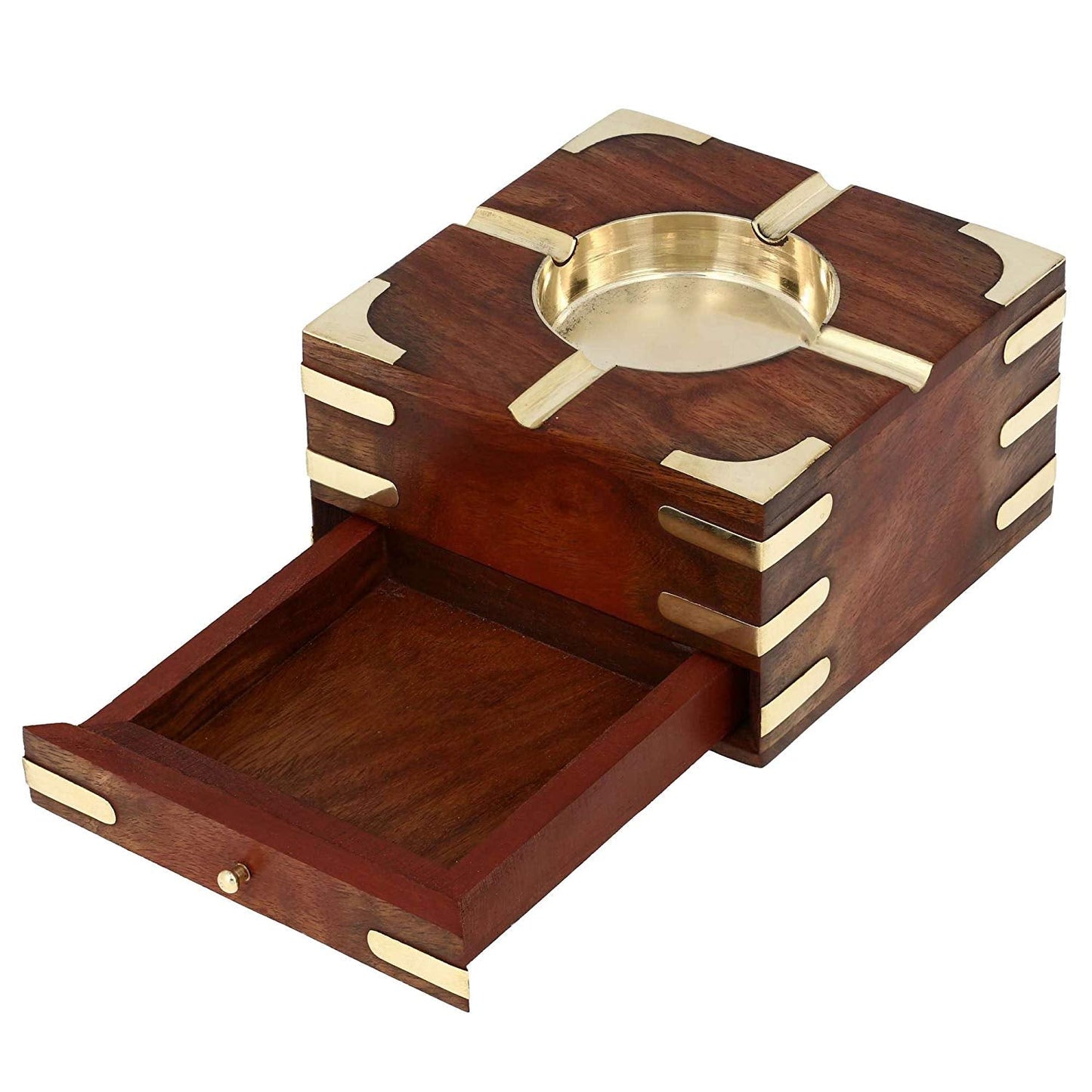 Handmade Indian Wooden Ashtray - 11 cm Outdoor Ashtrays - With Cigarette Storage Case Box