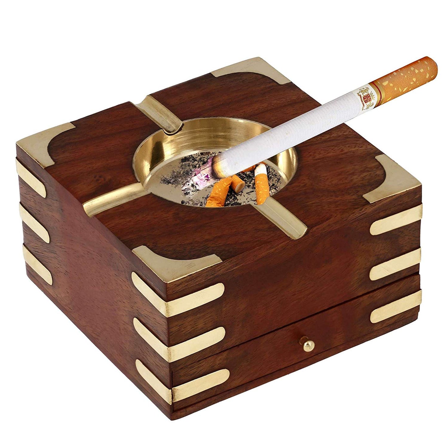 Handmade Indian Wooden Ashtray - 11 cm Outdoor Ashtrays - With Cigarette Storage Case Box