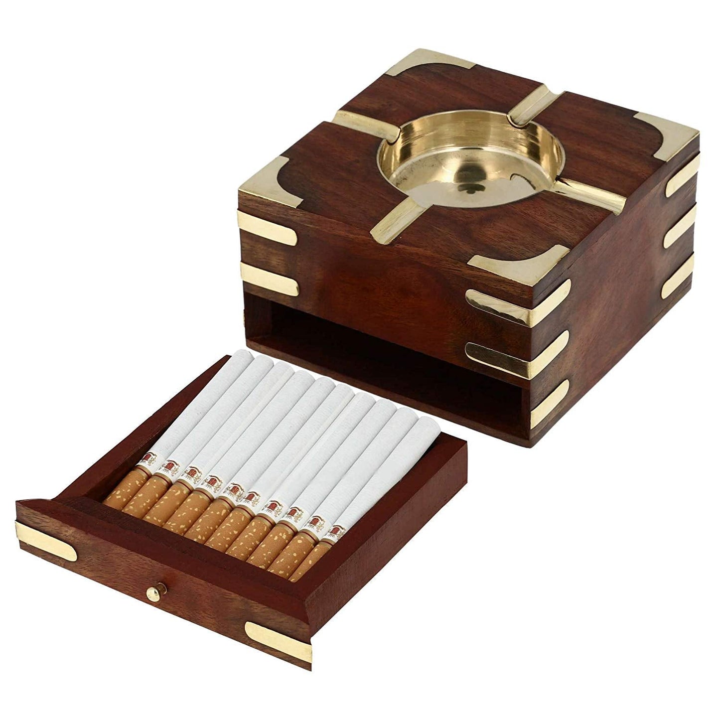 Handmade Indian Wooden Ashtray - 11 cm Outdoor Ashtrays - With Cigarette Storage Case Box