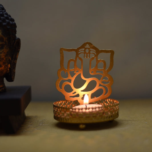 Shadow Ganesh Ji Metal Tea Light Holder (8 cm x 8 cm x 11 cm, Brown)