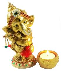 Lord Ganesha Playing Bansuri Idol with Diya