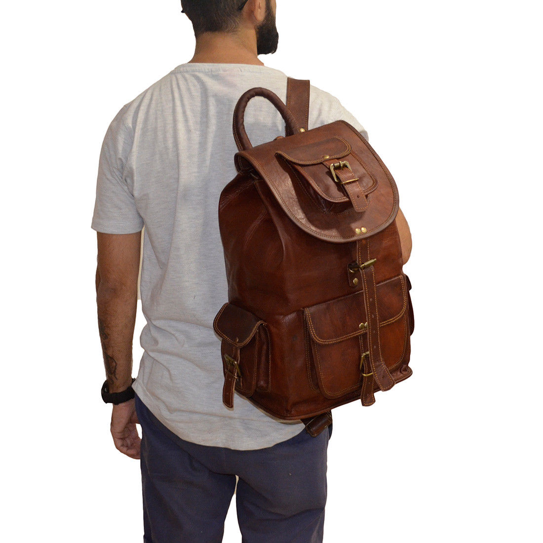 16" leather backpack travel laptop rucksack bag