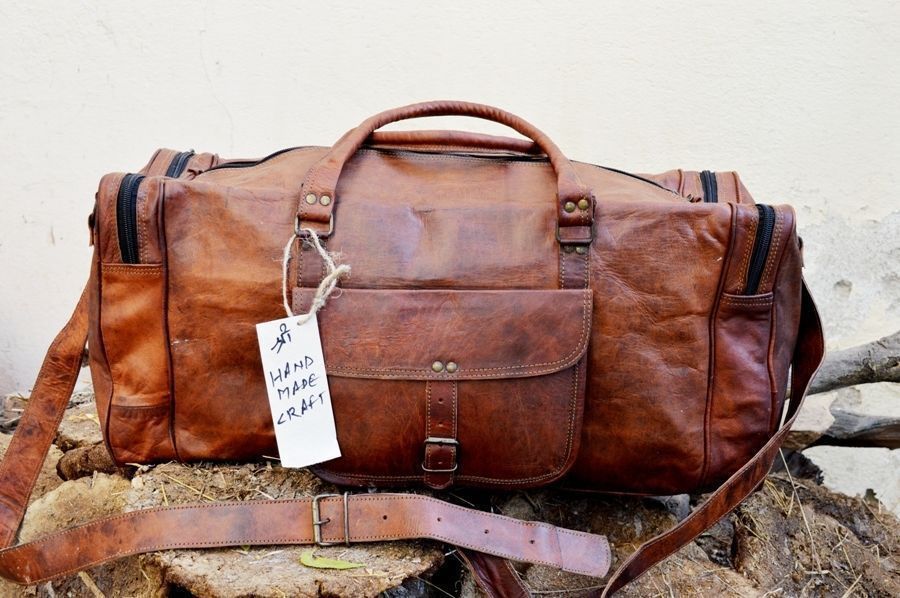 24" Men's Vintage Brown Genuine Leather Camel hide Travel Duffle Luggage Gym Bag